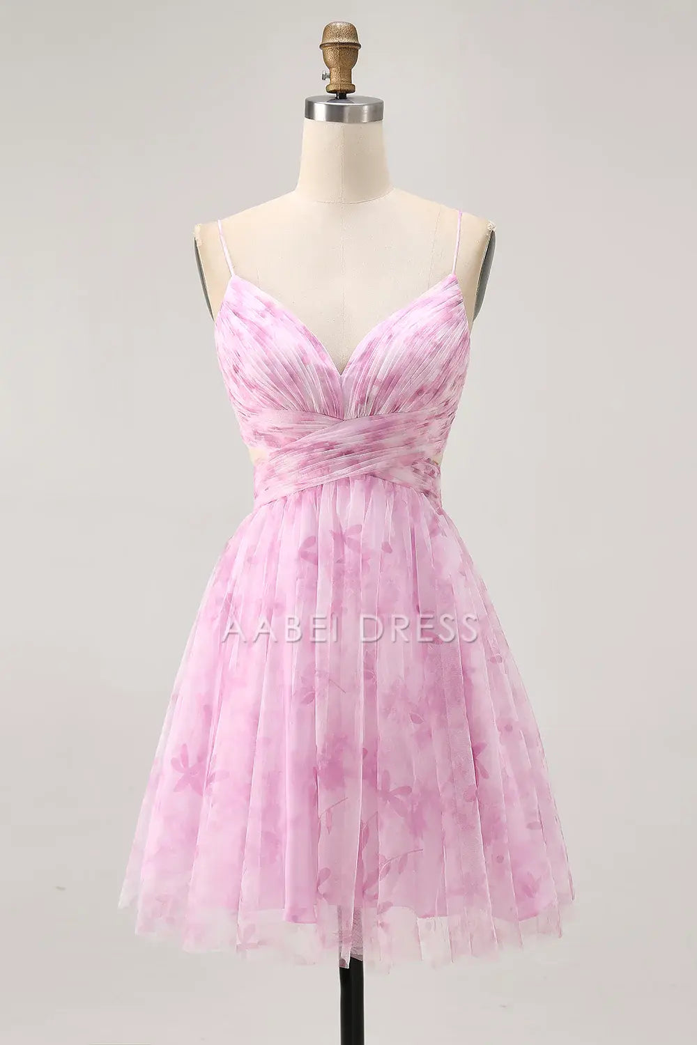 AABEI DRESS For Women Short Prom Dress Pink Printing A Line V Neck Spaghetti Strap Pleated Lace-Up Backless Elegant Dress Affordable Hot Sale Homecoming Dress