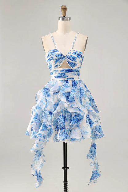 AABEI DRESS For Women Short Prom Dress Printing A Line Pleated Sweetheart Neckline Spaghetti Strap Keyhole Tiers Ruffled With Pearls Exquisite Dress Affordable Hot Sale Homecoming Dress