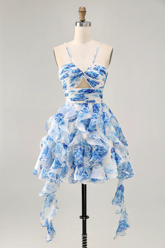 AABEI DRESS For Women Short Prom Dress Printing A Line Pleated Sweetheart Neckline Spaghetti Strap Keyhole Tiers Ruffled With Pearls Exquisite Dress Affordable Hot Sale Homecoming Dress