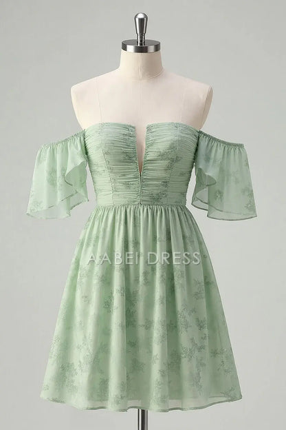 AABEI DRESS For Women Short Prom Dress Printing Chiffon Sage Green A Line V Neck Off The Shoulder Pleated Corset Flutter Short Sleeves Chic Dress Affordable Hot Sale Homecoming Dress