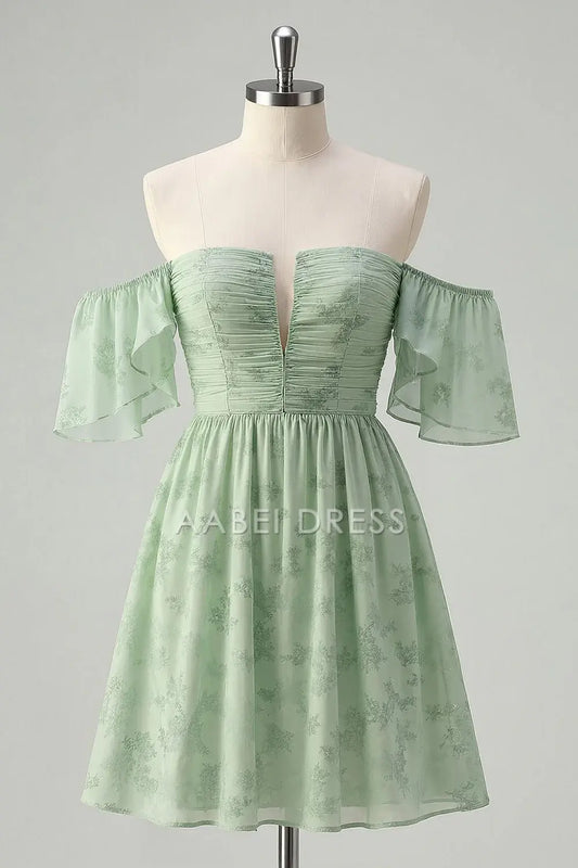 AABEI DRESS For Women Short Prom Dress Printing Chiffon Sage Green A Line V Neck Off The Shoulder Pleated Corset Flutter Short Sleeves Chic Dress Affordable Hot Sale Homecoming Dress