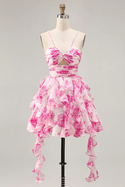 AABEI DRESS For Women Short Prom Dress Romantic Printing A Line Pleated Sweetheart Neckline Spaghetti Strap Keyhole Tiers Ruffled With Pearls Exquisite Dress Affordable Hot Sale Homecoming Dress