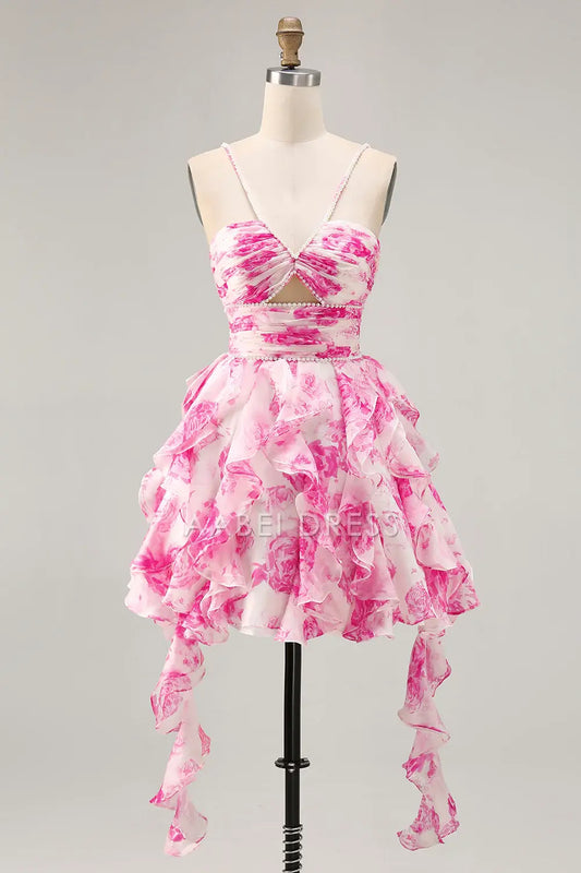 AABEI DRESS For Women Short Prom Dress Romantic Printing A Line Pleated Sweetheart Neckline Spaghetti Strap Keyhole Tiers Ruffled With Pearls Exquisite Dress Affordable Hot Sale Homecoming Dress