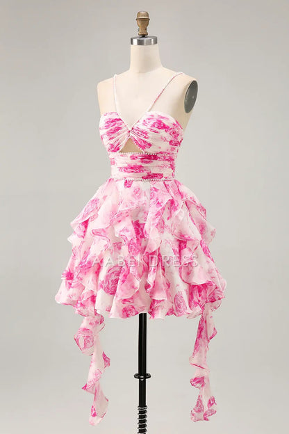 AABEI DRESS For Women Short Prom Dress Romantic Printing A Line Pleated Sweetheart Neckline Spaghetti Strap Keyhole Tiers Ruffled With Pearls Exquisite Dress Affordable Hot Sale Homecoming Dress