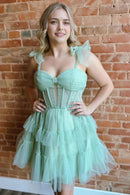 AABEI DRESS For Women Short Prom Dress Sage A Line Sweetheart Tiered Tulle Ruched With Bow Shoulder Straps Cute Dress Affordable Hot Sale Homecoming Dress