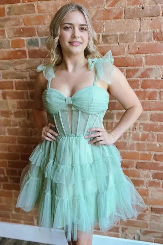 AABEI DRESS For Women Short Prom Dress Sage A Line Sweetheart Tiered Tulle Ruched With Bow Shoulder Straps Cute Dress Affordable Hot Sale Homecoming Dress