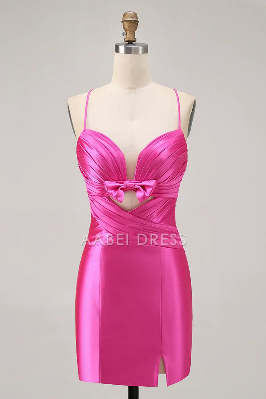 AABEI DRESS For Women Short Prom Dress Sheath Spaghetti Strap Low-Cut Pleated Keyhole Bow With Slit Backless Charming Dress Affordable Hot Sale Homecoming Dress