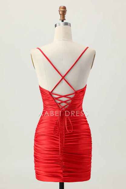 AABEI DRESS For Women Short Prom Dress Sheath Spaghetti Strap Sweetheart Neckline Keyhole Backless With Rhinestone Pleated Dress Affordable Hot Sale Homecoming Dress