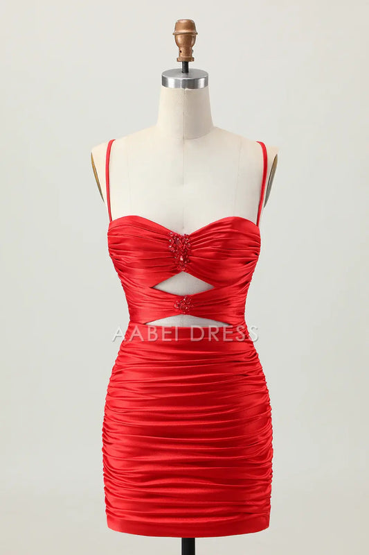 AABEI DRESS For Women Short Prom Dress Sheath Spaghetti Strap Sweetheart Neckline Keyhole Backless With Rhinestone Pleated Dress Affordable Hot Sale Homecoming Dress