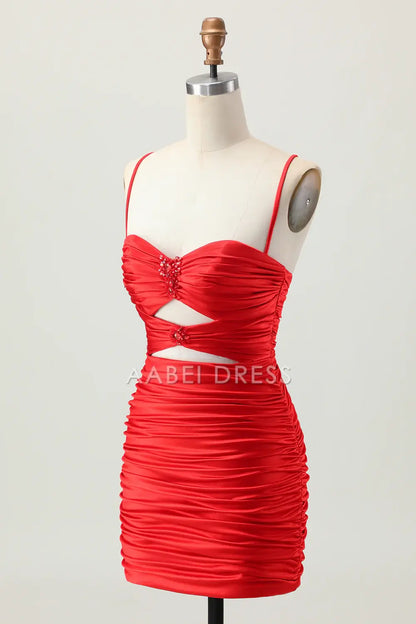 AABEI DRESS For Women Short Prom Dress Sheath Spaghetti Strap Sweetheart Neckline Keyhole Backless With Rhinestone Pleated Dress Affordable Hot Sale Homecoming Dress