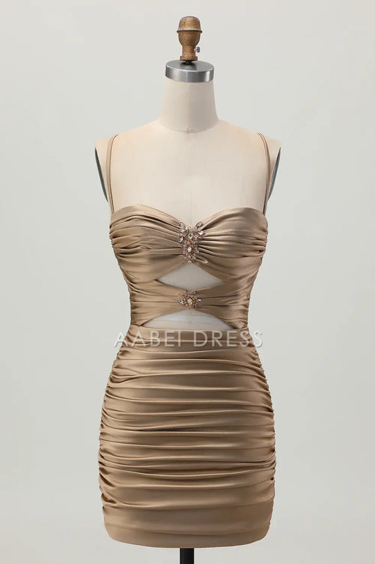 AABEI DRESS For Women Short Prom Dress Sheath Spaghetti Strap Sweetheart Neckline Keyhole Backless With Rhinestone Pleated Dress Affordable Hot Sale Homecoming Dress