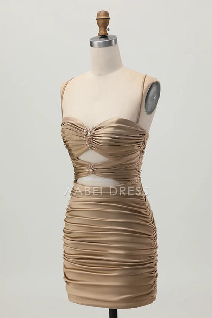 AABEI DRESS For Women Short Prom Dress Sheath Spaghetti Strap Sweetheart Neckline Keyhole Backless With Rhinestone Pleated Dress Affordable Hot Sale Homecoming Dress