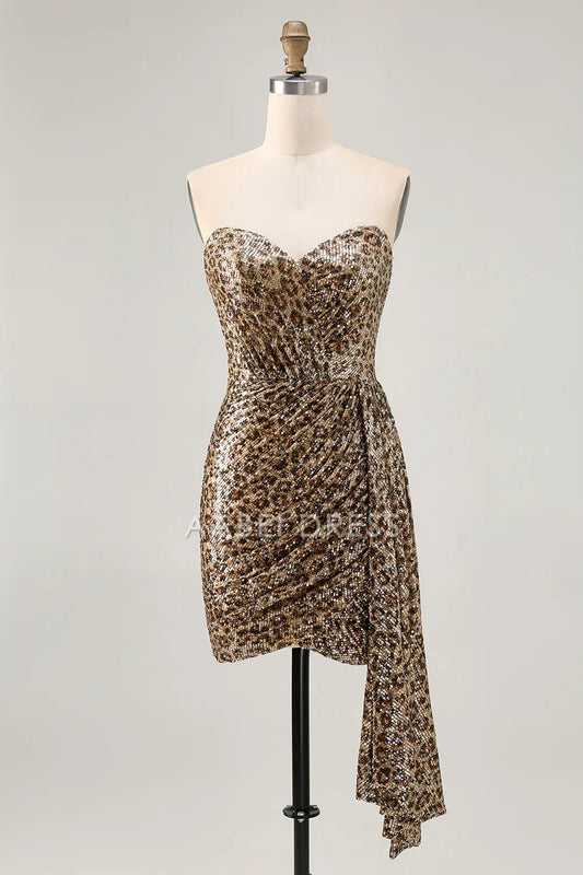 AABEI DRESS For Women Short Prom Dress Sheath Strapless Sweetheart Neckline Unique Leopard Printed Sequin Pleated Dress Affordable Hot Sale Homecoming Dress