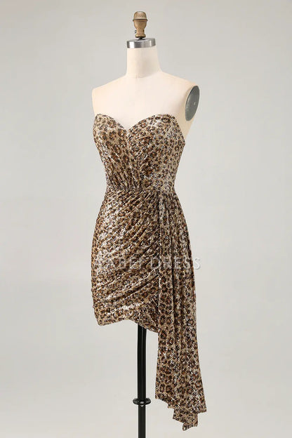 AABEI DRESS For Women Short Prom Dress Sheath Strapless Sweetheart Neckline Unique Leopard Printed Sequin Pleated Dress Affordable Hot Sale Homecoming Dress