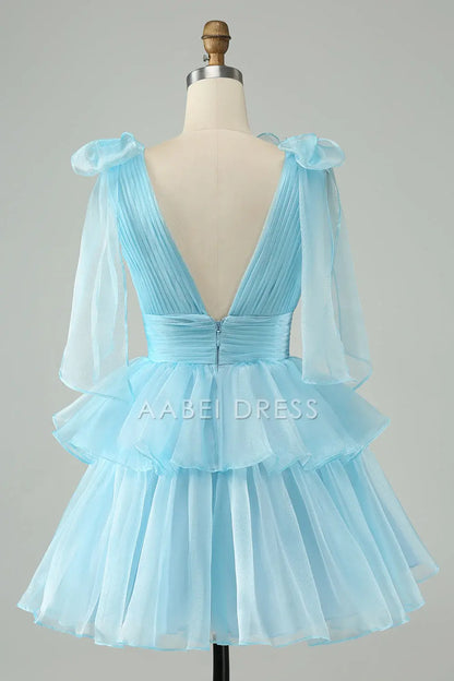 AABEI DRESS For Women Short Prom Dress Sky Blue A Line V Neck Pleated Top Tiered Ruched Backless Cute Dress Affordable Hot Sale Homecoming Dress