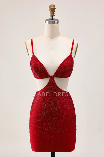 AABEI DRESS For Women Short Prom Dress Sparkle Sheath Spaghetti Strap V Neck Cut Out Backless Sexy Dress Affordable Hot Sale Homecoming Dress