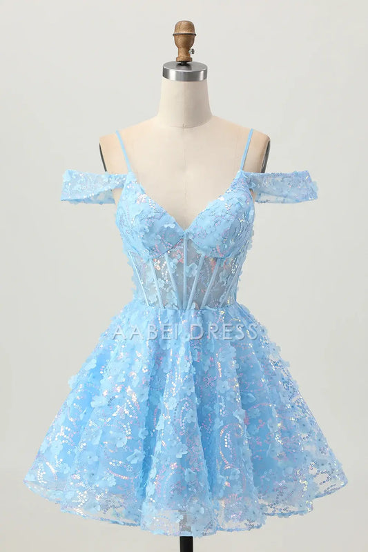 AABEI DRESS For Women Short Prom Dress Sparkly A Line V Neck Corset 3D Floral With Sequins Backless Gorgeous Dress Affordable Hot Sale Homecoming Dress