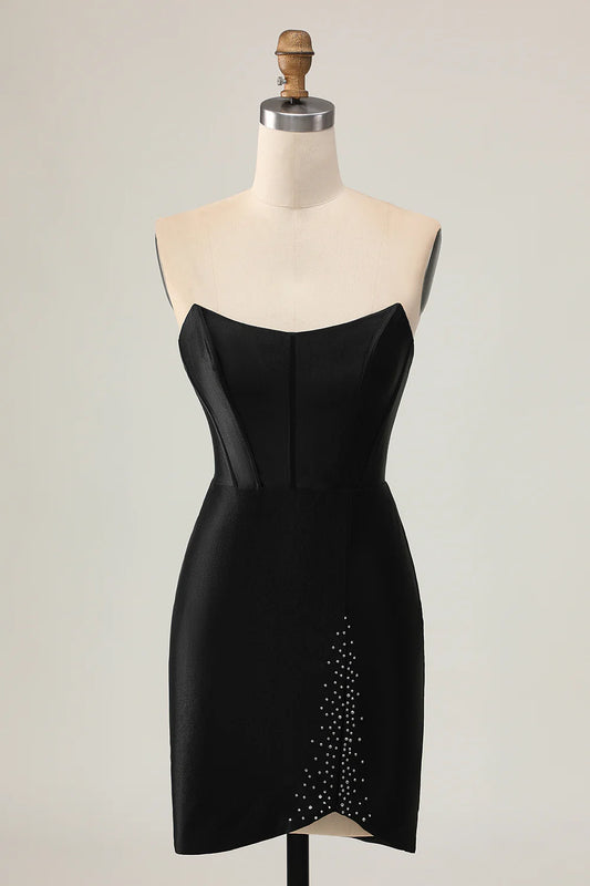 AABEI DRESS For Women Short Prom Dress Sparkly Black Sheath Strapless Low-Cut With Beading Backless Keyhole Chic Dress Affordable Hot Sale Homecoming Dress