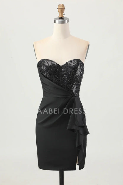 AABEI DRESS For Women Short Prom Dress Sparkly Black Sheath Tight Strapless Sweetheart Neckline With Sequins Ruched Charming Dress Affordable Hot Sale Homecoming Dress
