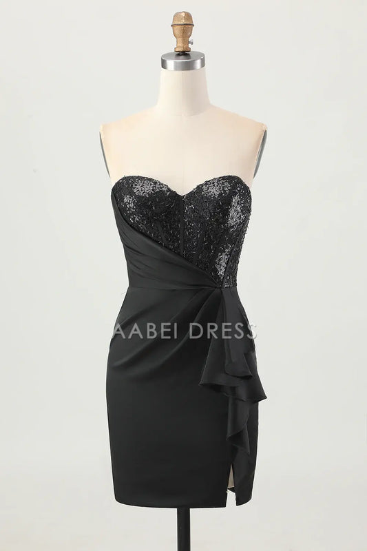 AABEI DRESS For Women Short Prom Dress Sparkly Black Sheath Tight Strapless Sweetheart Neckline With Sequins Ruched Charming Dress Affordable Hot Sale Homecoming Dress