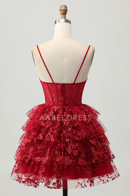 AABEI DRESS For Women Short Prom Dress Sparkly Burgundy A Line Low-Cut Tiered Ruched Lace Applique Backless Exquisite Dress Affordable Hot Sale Homecoming Dress