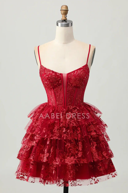 AABEI DRESS For Women Short Prom Dress Sparkly Burgundy A Line Low-Cut Tiered Ruched Lace Applique Backless Exquisite Dress Affordable Hot Sale Homecoming Dress