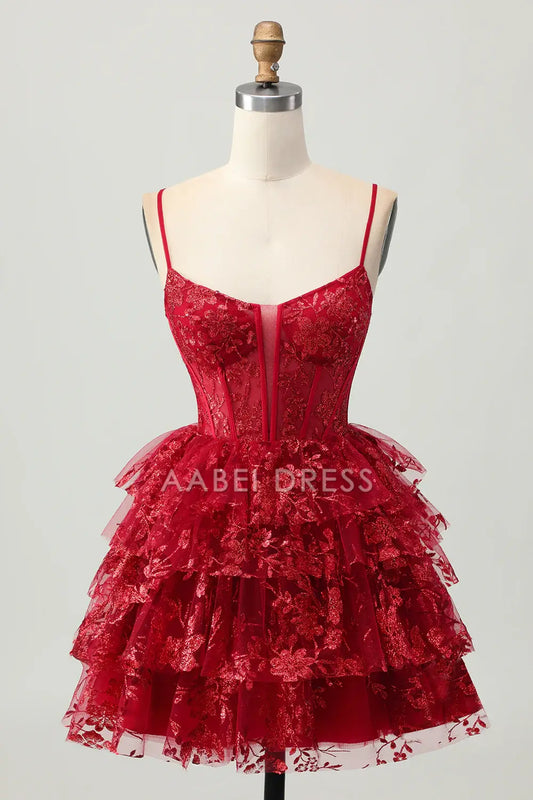 AABEI DRESS For Women Short Prom Dress Sparkly Burgundy A Line Low-Cut Tiered Ruched Lace Applique Backless Exquisite Dress Affordable Hot Sale Homecoming Dress