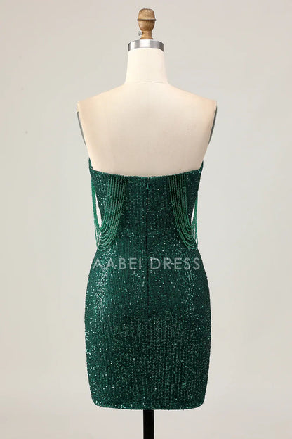 AABEI DRESS For Women Short Prom Dress Sparkly Dark Green Sheath Strapless Sweetheart Neckline Sequins With Beading Chic Dress Affordable Hot Sale Homecoming Dress