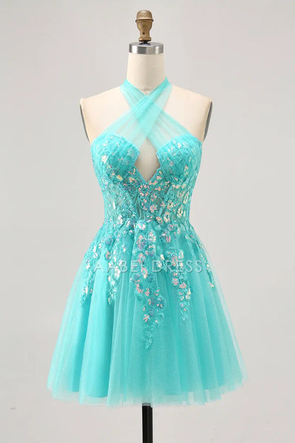 AABEI DRESS For Women Short Prom Dress Sparkly Green Halter Corset Sequin Lace Appliques Cute Dress Affordable Hot Sale Homecoming Dress