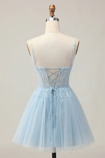 AABEI DRESS For Women Short Prom Dress Sparkly Light Blue A Line V Neck Corset Spaghetti Strap Backless With Beading Exquisite Dress Affordable Hot Sale Homecoming Dress