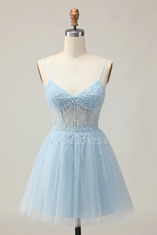 AABEI DRESS For Women Short Prom Dress Sparkly Light Blue A Line V Neck Corset Spaghetti Strap Backless With Beading Exquisite Dress Affordable Hot Sale Homecoming Dress
