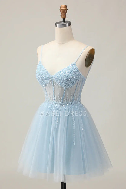 AABEI DRESS For Women Short Prom Dress Sparkly Light Blue A Line V Neck Corset Spaghetti Strap Backless With Beading Exquisite Dress Affordable Hot Sale Homecoming Dress