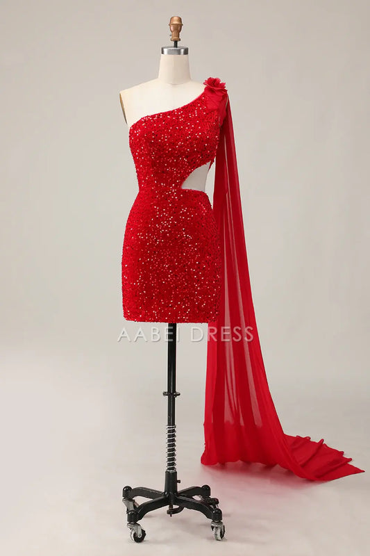 AABEI DRESS For Women Short Prom Dress Sparkly Red Sheath One Shoulder Hollow Out 3D Flowers Backless With Ribbon Dress Affordable Hot Sale Homecoming Dress