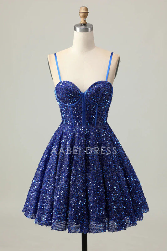 AABEI DRESS For Women Short Prom Dress Sparkly Sequin A Line Spaghetti Strap Corset Sweetheart Neckline Backless Elegant Dress Affordable Hot Sale Homecoming Dress