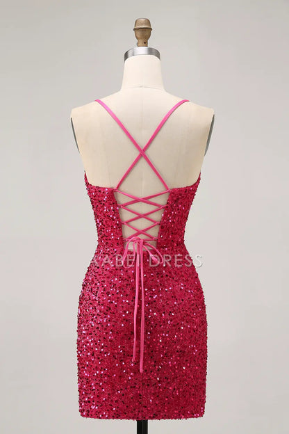 AABEI DRESS For Women Short Prom Dress Sparkly Sequin Sheath Spaghetti Straps Sweetheart Neckline Keyhole Backless Exquisite Dress Affordable Hot Sale Homecoming Dress