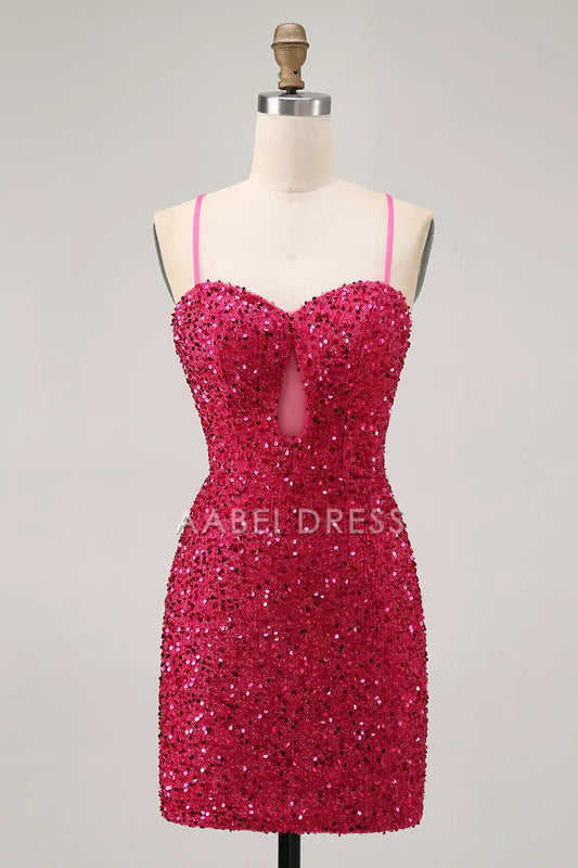 AABEI DRESS For Women Short Prom Dress Sparkly Sequin Sheath Spaghetti Straps Sweetheart Neckline Keyhole Backless Exquisite Dress Affordable Hot Sale Homecoming Dress
