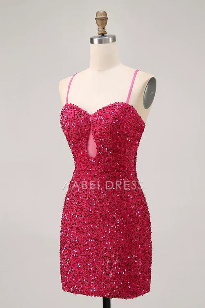 AABEI DRESS For Women Short Prom Dress Sparkly Sequin Sheath Spaghetti Straps Sweetheart Neckline Keyhole Backless Exquisite Dress Affordable Hot Sale Homecoming Dress