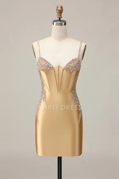 AABEI DRESS For Women Short Prom Dress Sparkly Sheath Spaghetti Strap Corset With Beading Backless Chic Dress Affordable Hot Sale Homecoming Dress