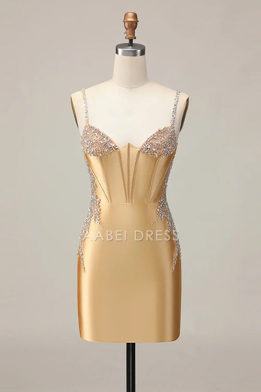 AABEI DRESS For Women Short Prom Dress Sparkly Sheath Spaghetti Strap Corset With Beading Backless Chic Dress Affordable Hot Sale Homecoming Dress