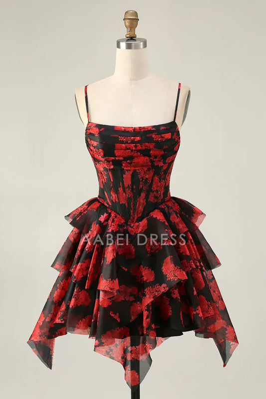 AABEI DRESS For Women Short Prom Dress Unique Black Red A Line Spaghetti Strap Pleated Corset With Layering Ruffles Retro Dress Affordable Hot Sale Homecoming Dress