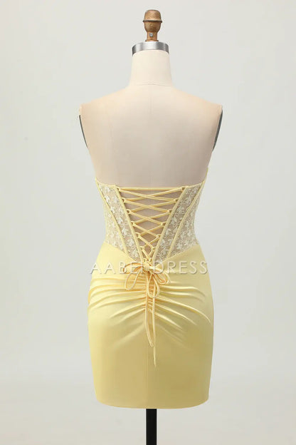 AABEI DRESS For Women Short Prom Dress Yellow Sheath Strapless With Lace Pleated With Slit Backless Exquisite Dress Affordable Hot Sale Homecoming Dress