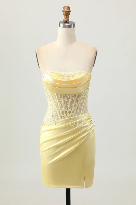 AABEI DRESS For Women Short Prom Dress Yellow Sheath Strapless With Lace Pleated With Slit Backless Exquisite Dress Affordable Hot Sale Homecoming Dress