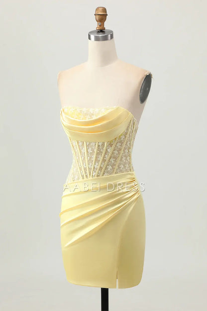 AABEI DRESS For Women Short Prom Dress Yellow Sheath Strapless With Lace Pleated With Slit Backless Exquisite Dress Affordable Hot Sale Homecoming Dress
