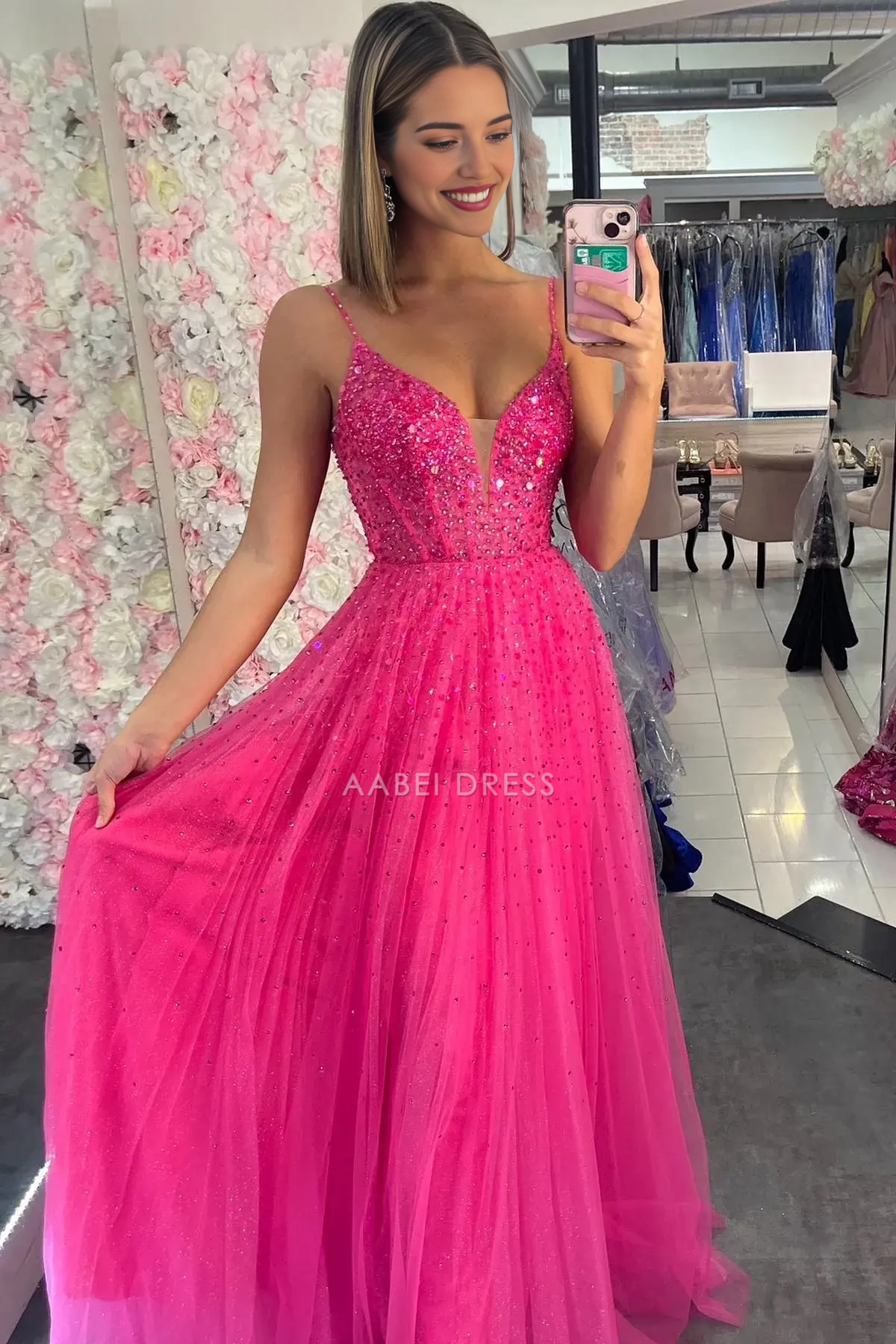 AABEI DRESS Formal Wear Dresses A-Line Spaghetti Strap Deep V Neck Beaded Backless Sparkle Fashion Long Hot Sale Prom Dress
