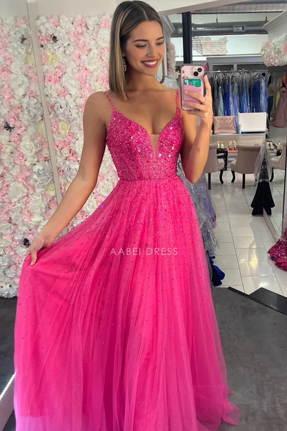 AABEI DRESS Formal Wear Dresses A-Line Spaghetti Strap Deep V Neck Beaded Backless Sparkle Fashion Long Hot Sale Prom Dress