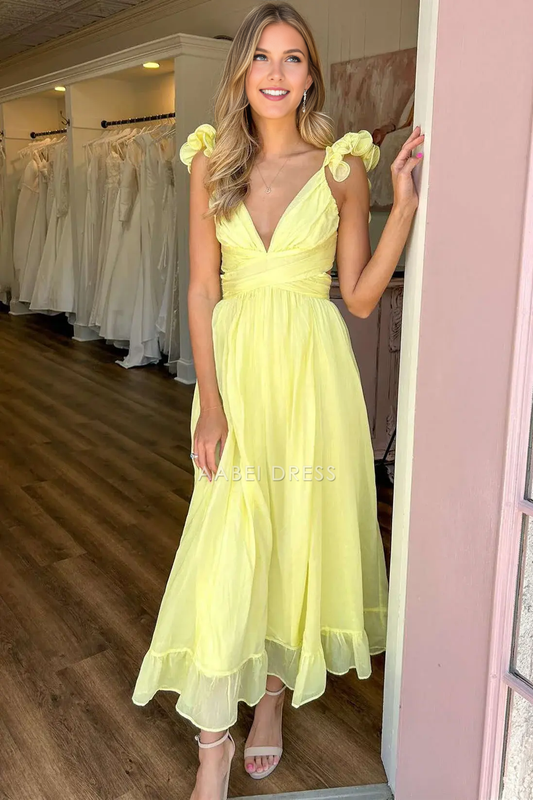 AABEI DRESS Formal Wear Dresses A-Line V-Neck Ruched Backless Lace-Up Yellow Plunging Fashion Hot Sale Prom Dress