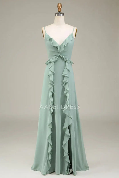 AABEI DRESS Formal Wear Dresses A-Line V-Neck Spaghetti Strap With Ruffles Elegant Hot Sale Prom Dress