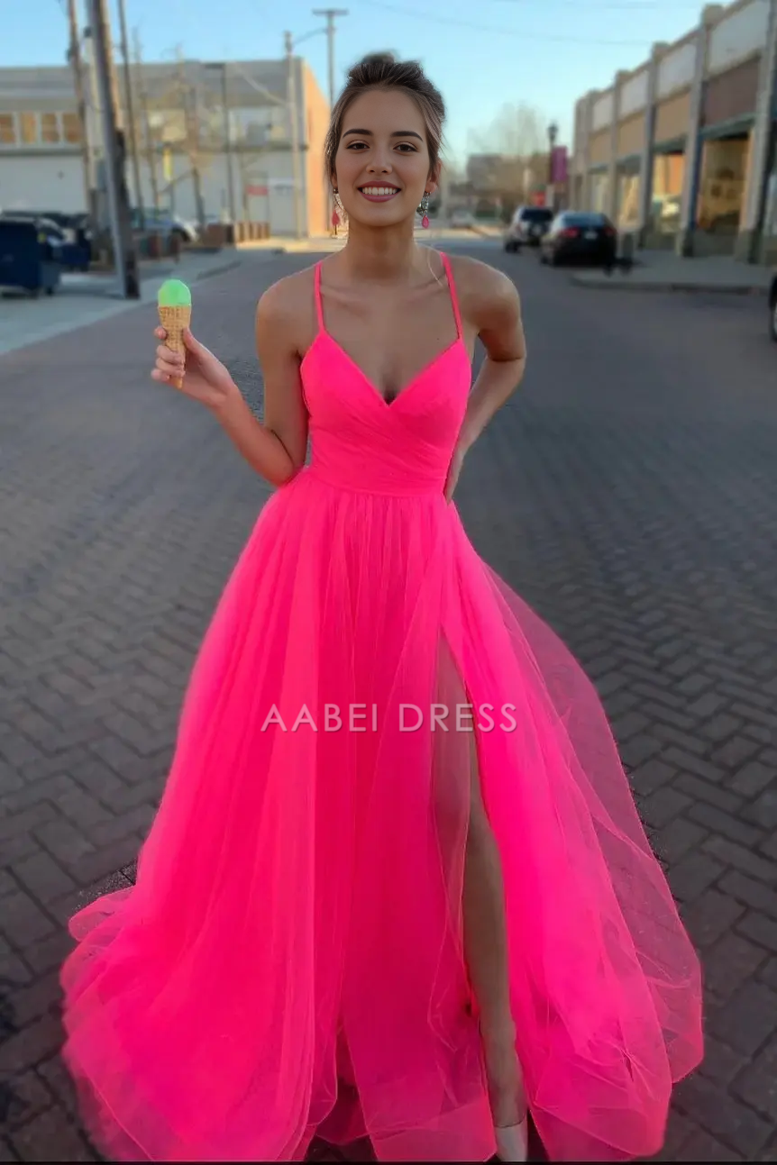 AABEI DRESS Formal Wear Dresses A-Line V Neck Spaghetti Strap Pleated Backless Lace-up Side Fork Elegant Hot Sale Prom Dress