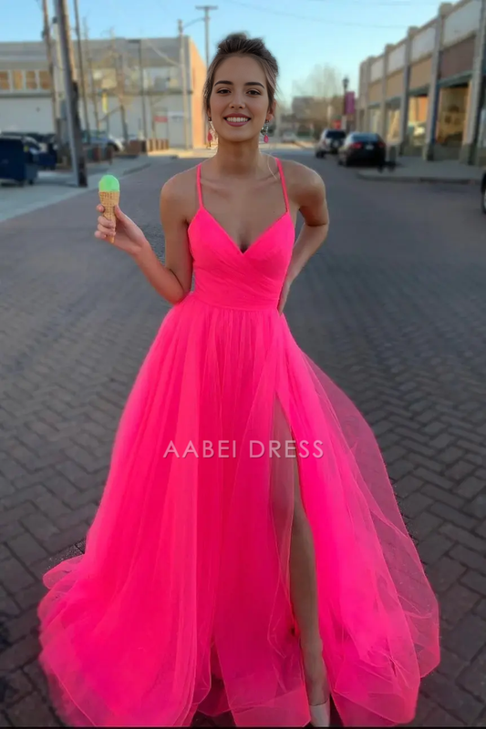 AABEI DRESS Formal Wear Dresses A-Line V Neck Spaghetti Strap Pleated Backless Lace-up Side Fork Elegant Hot Sale Prom Dress