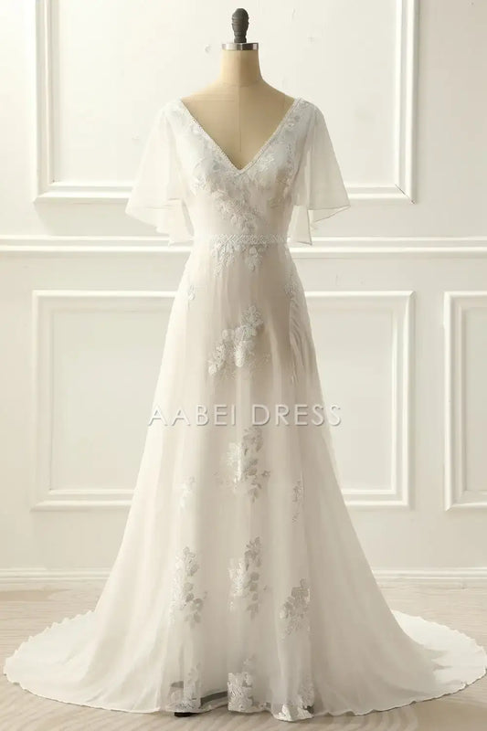 AABEI DRESS Formal Wear Dresses A-Line V Neck flowing Sleeves Lace Appliques Sweep Train  Elegant Wedding Dress